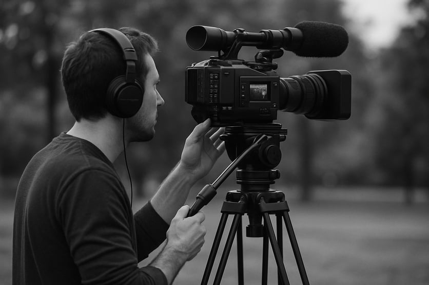 Videotechnik von Kamera ber Stativ und filmenden Menschen