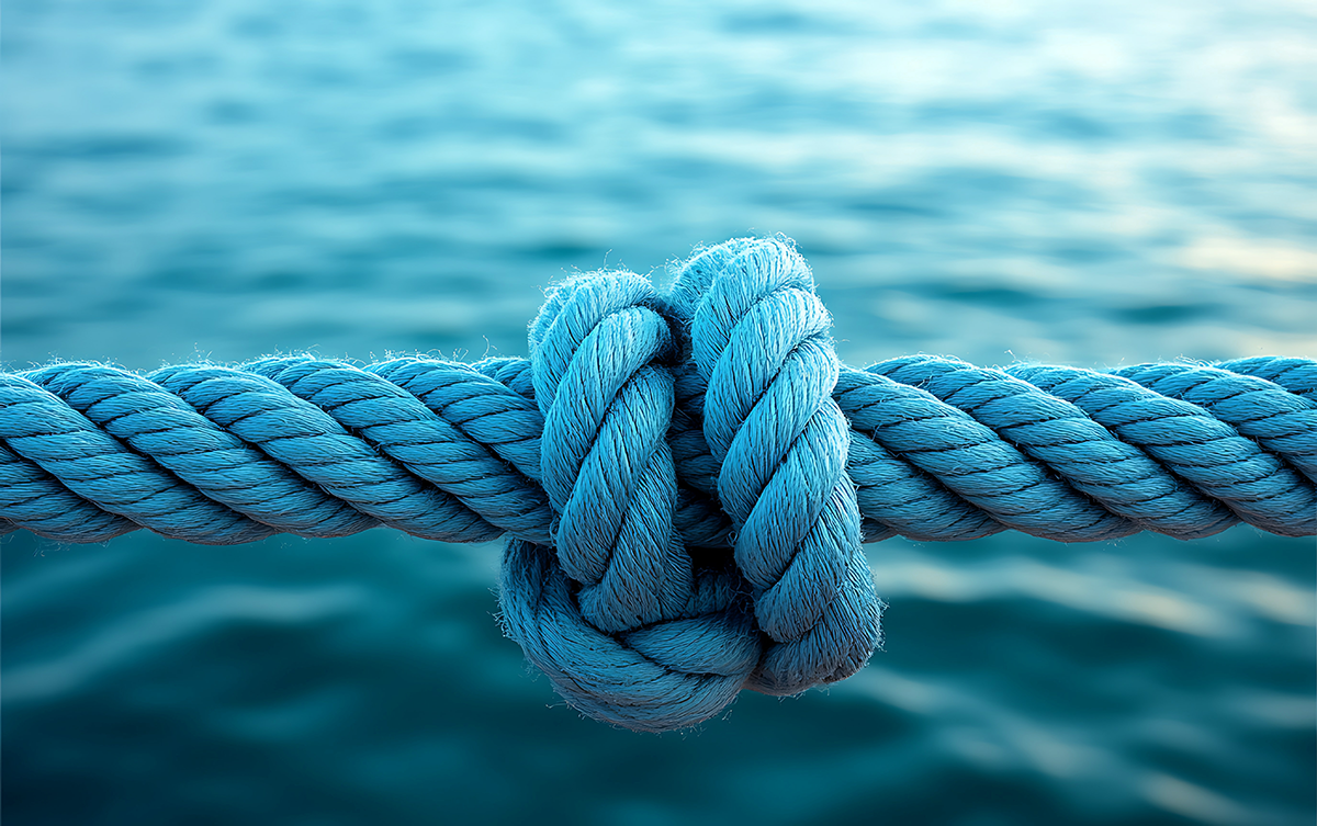 Blaues Schiffsseil verknotet vor dem Meer im Hintergrund.