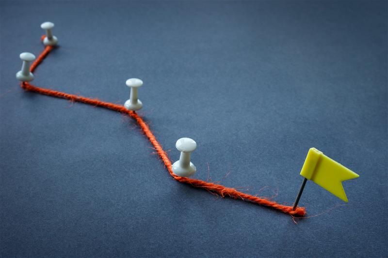 Strecke aus rotem Garn mit gelber Zielfahne und Pins als Zwischenziele