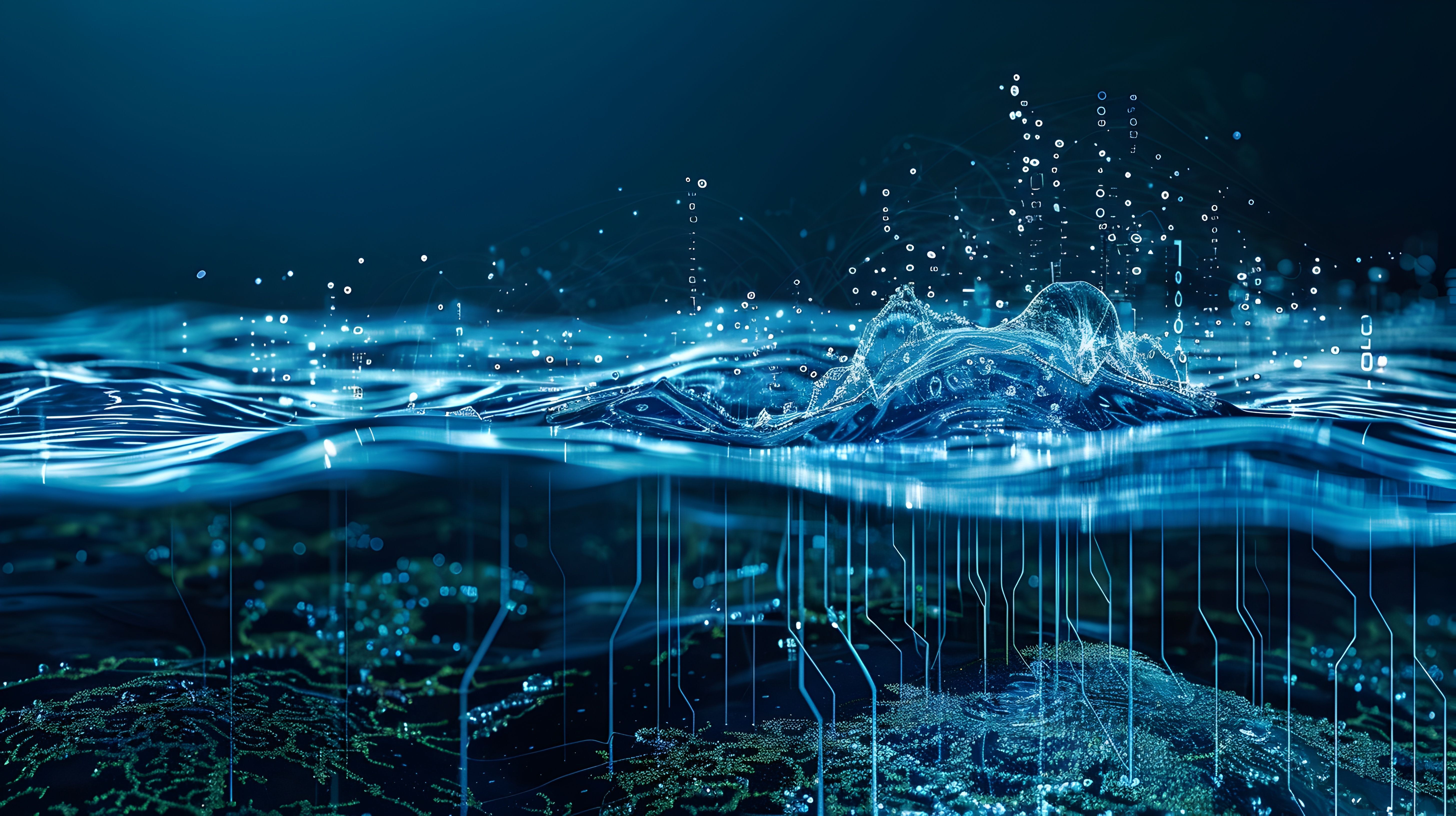 IT-GRC: Digitale Gewässerstruktur symbolisch für das dynamische Bankenumfeld.